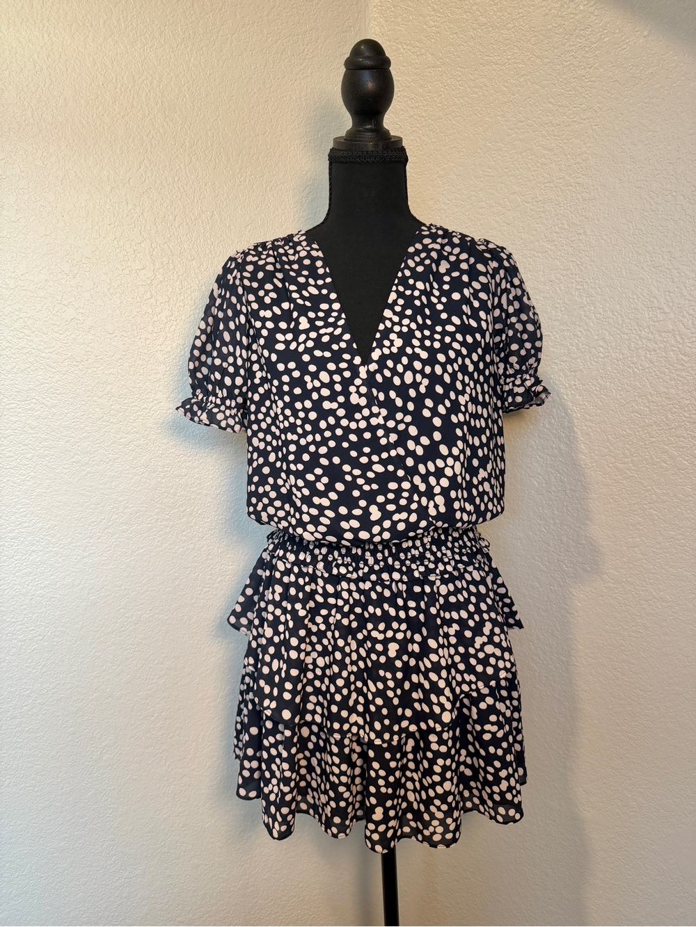 Amanda Uprichard Velma Black White Polka Dot V-Neck Ruffled Tiered Mini Dress